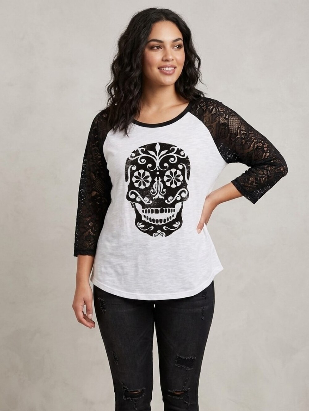 Raglan Halloween Sugar Skull Baseball Top With Black Lace Velvet Design Size XL